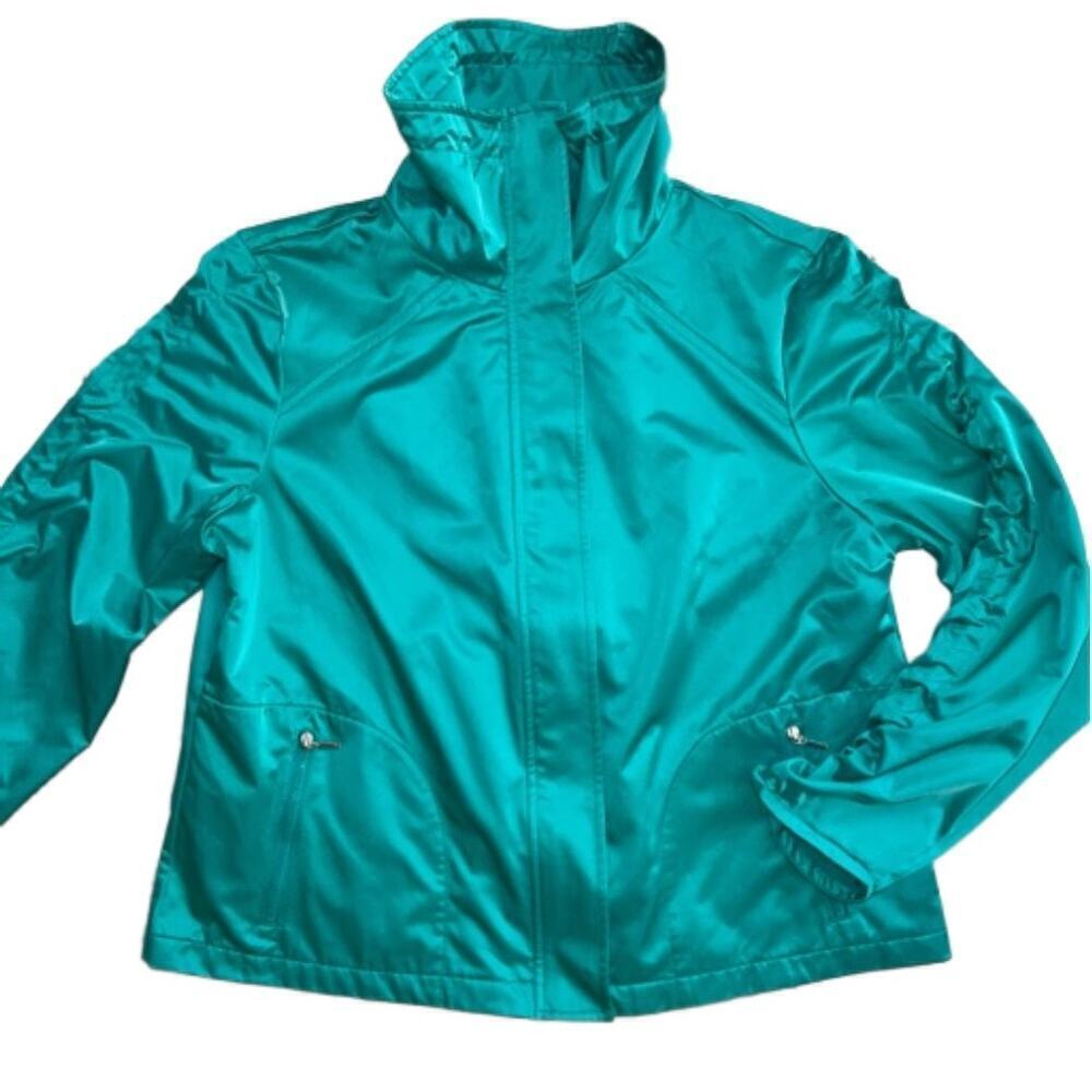 Chico’s Peacock Blue Full Zip Jacket Shirred Sleeves w/Toggle Adjust Size 2 (12)